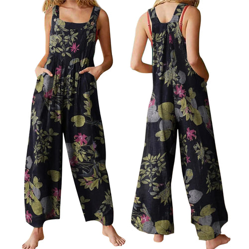 Women Jumpsuit Vintage Leaf Floral Print Square Neck Sleeveless Romper-Casual Jumpsuits & Rompers-Arimonz-Arimonz