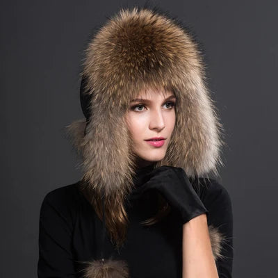 Women Natural Fur Caps Ushanka Hats for Winter Thick Warm Ears-Winter Hats-Arimonz-raccoon fur-One Size-Arimonz