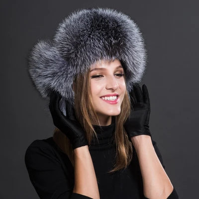 Women Natural Fur Caps Ushanka Hats for Winter Thick Warm Ears-Winter Hats-Arimonz-silver fox-One Size-Arimonz