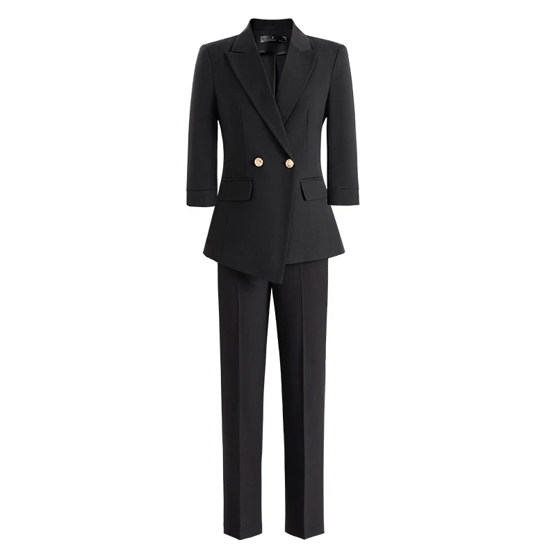 Women Office Business Formal Three Quarter Sleeve Blazer Trousers Suit-Wear To Work Sets-Arimonz-Black-S-Arimonz