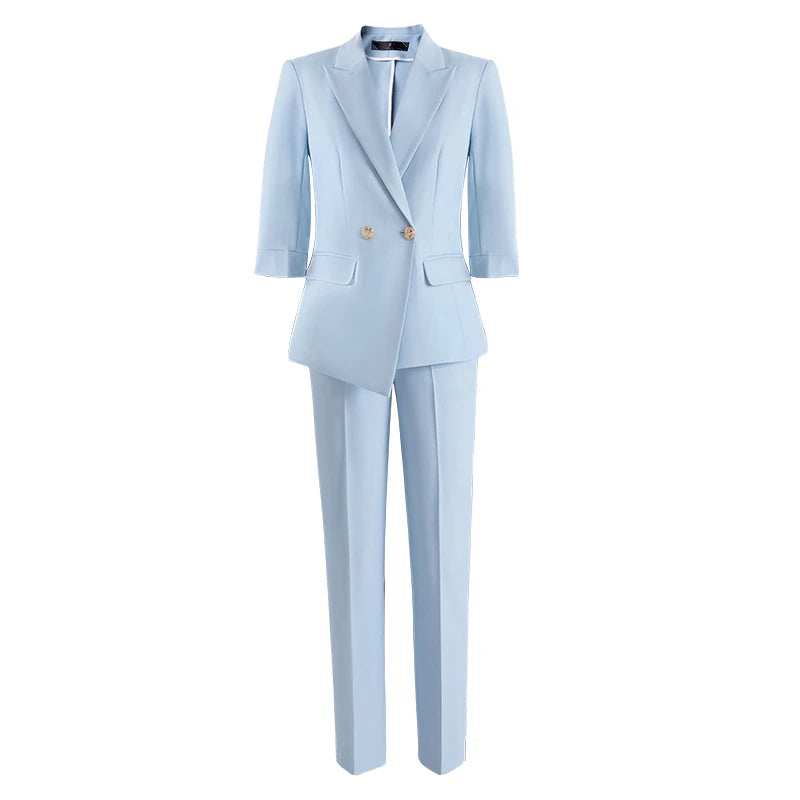 Women Office Business Formal Three Quarter Sleeve Blazer Trousers Suit-Wear To Work Sets-Arimonz-Blue-S-Arimonz