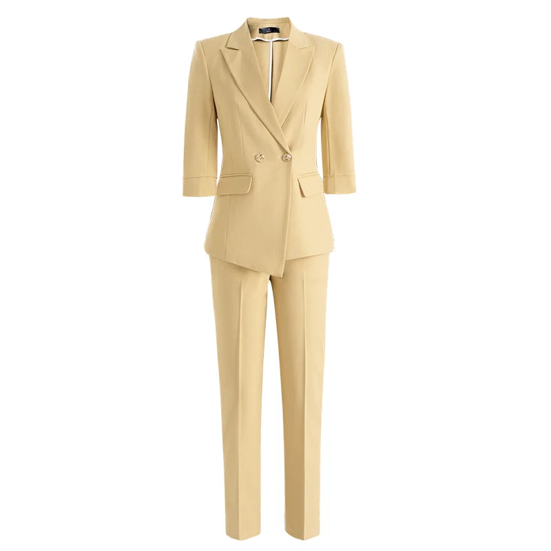 Women Office Business Formal Three Quarter Sleeve Blazer Trousers Suit-Wear To Work Sets-Arimonz-Yellow-S-Arimonz
