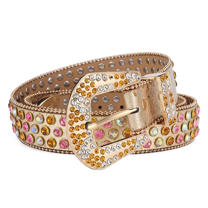 Women Rhinestone Large Size Belt Western Denim Shiny Rivet Design-Women's Belts-Arimonz-Gold-105cm/41inches-Arimonz