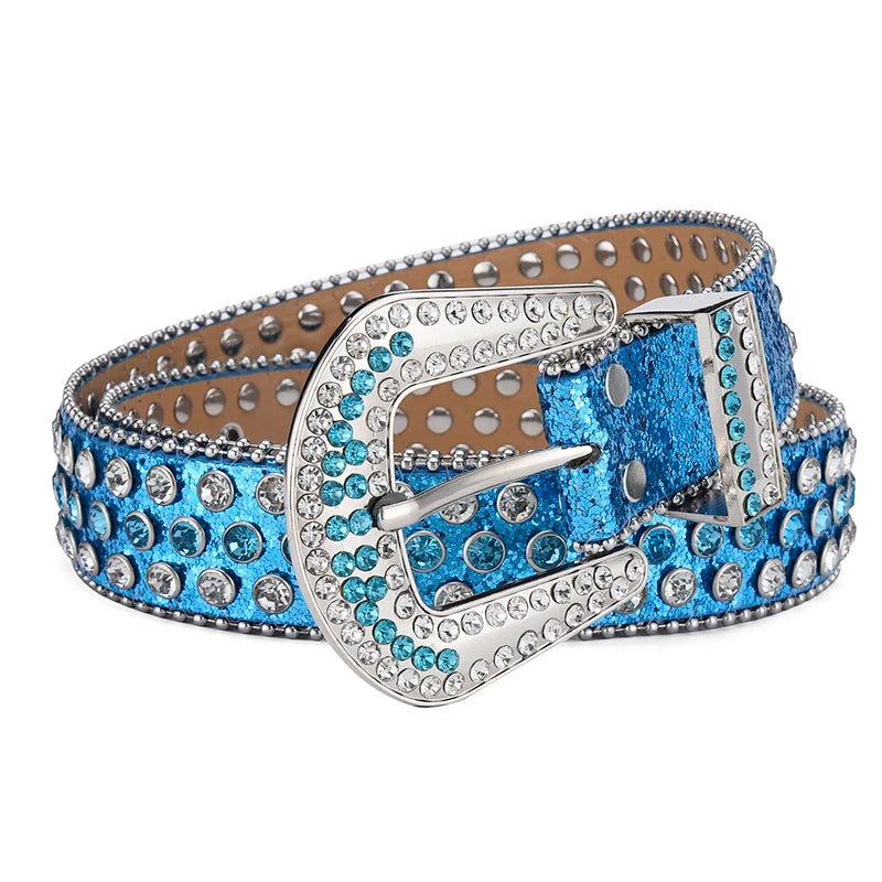Women Rhinestone Large Size Belt Western Denim Shiny Rivet Design-Women's Belts-Arimonz-Sky blue-105cm/41inches-Arimonz