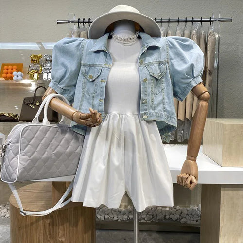 Women Short Denim Jacket Autumn Puff Sleeve Crop Top-Jean Jackets-Arimonz-Arimonz