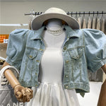 Women Short Denim Jacket Autumn Puff Sleeve Crop Top-Jean Jackets-Arimonz-Arimonz