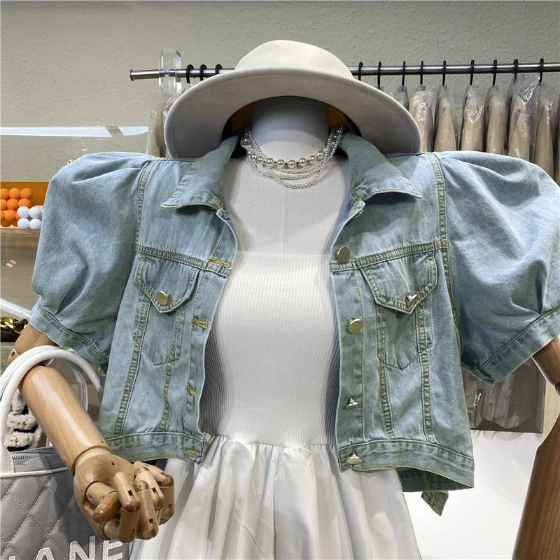 Women Short Denim Jacket Autumn Puff Sleeve Crop Top-Jean Jackets-Arimonz-Arimonz