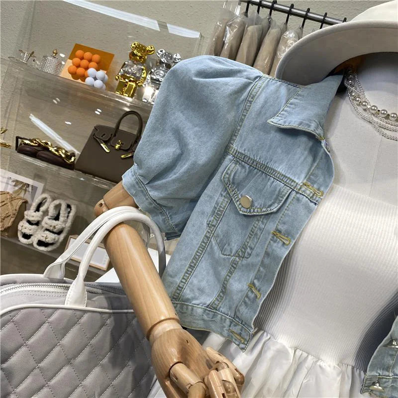 Women Short Denim Jacket Autumn Puff Sleeve Crop Top-Jean Jackets-Arimonz-Arimonz
