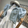 Women Short Denim Jacket Autumn Puff Sleeve Crop Top-Jean Jackets-Arimonz-Arimonz