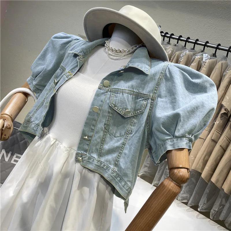 Women Short Denim Jacket Autumn Puff Sleeve Crop Top-Jean Jackets-Arimonz-Arimonz