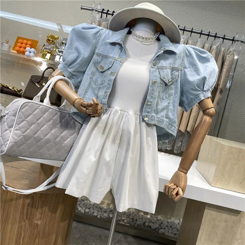 Women Short Denim Jacket Autumn Puff Sleeve Crop Top-Jean Jackets-Arimonz-Arimonz