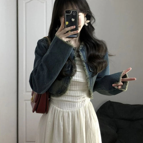 Women Short Denim Tassels Jacket Jean Coat-Jean Jackets-Arimonz-Arimonz