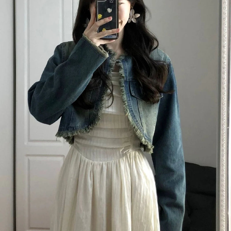 Women Short Denim Tassels Jacket Jean Coat-Jean Jackets-Arimonz-Arimonz
