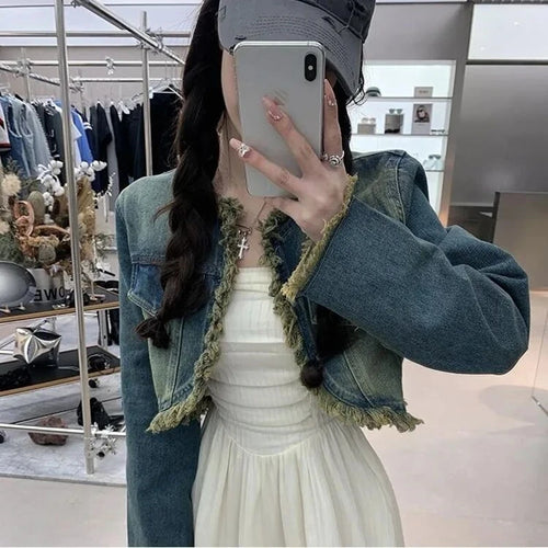 Women Short Denim Tassels Jacket Jean Coat-Jean Jackets-Arimonz-Arimonz