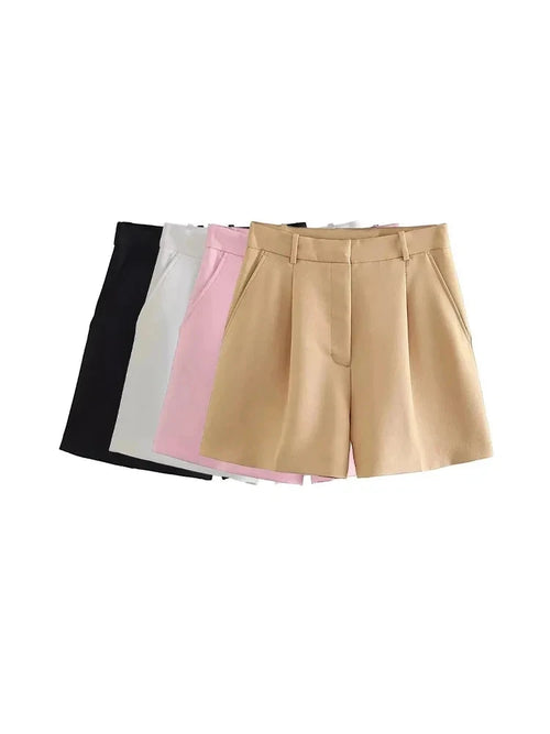 Women Side Pockets Front Darts Bermuda Shorts High Waist Shorts-Shorts-Arimonz-Arimonz