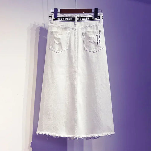 Women Skirt White Denim Long Skirts Letter Print Female Skirts-Denim Skirts-Arimonz-Arimonz