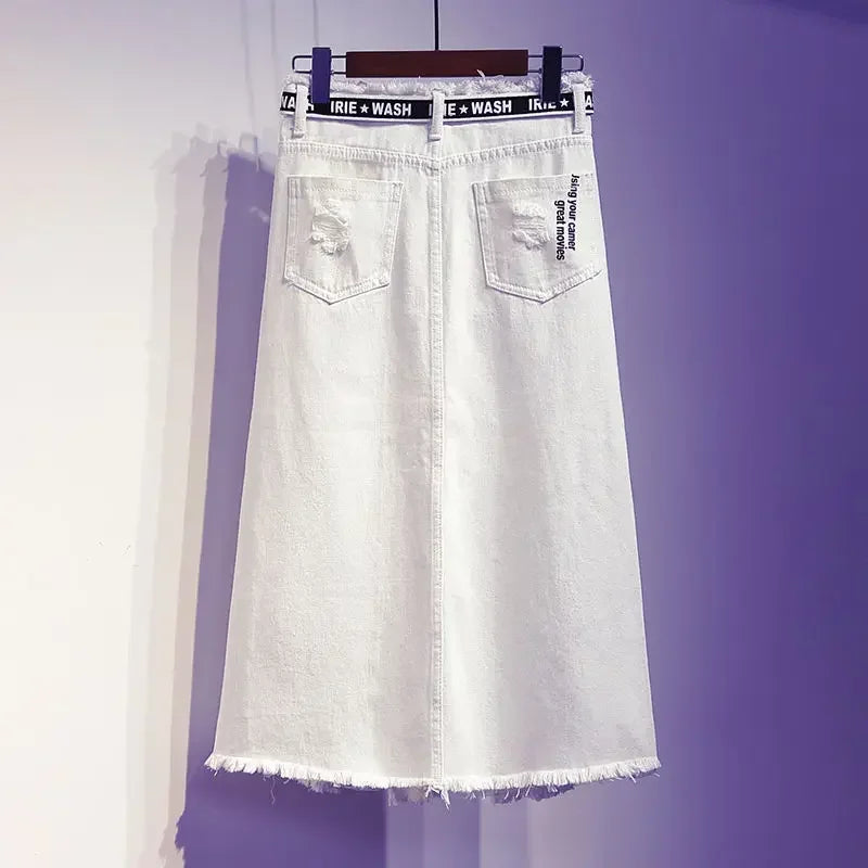 Women Skirt White Denim Long Skirts Letter Print Female Skirts-Denim Skirts-Arimonz-Arimonz