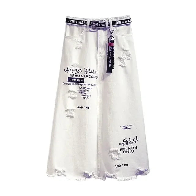 Women Skirt White Denim Long Skirts Letter Print Female Skirts-Denim Skirts-Arimonz-S-Arimonz