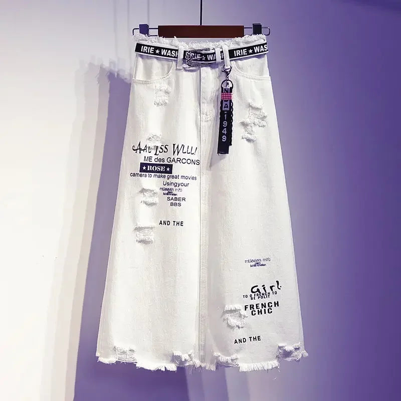 Women Skirt White Denim Long Skirts Letter Print Female Skirts-Denim Skirts-Arimonz-Arimonz