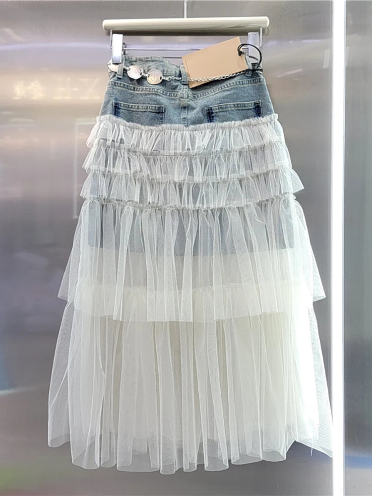 Women's Denim Skirt High Waist Patchwork Multi-layer Mesh A-line Skirt-Denim Skirts-Arimonz-Arimonz