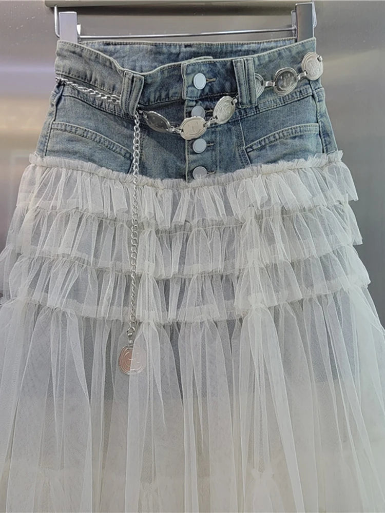 Women's Denim Skirt High Waist Patchwork Multi-layer Mesh A-line Skirt-Denim Skirts-Arimonz-Arimonz
