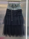 Women's Denim Skirt High Waist Patchwork Multi-layer Mesh A-line Skirt-Denim Skirts-Arimonz-Arimonz