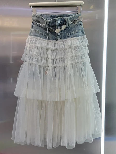 Women's Denim Skirt High Waist Patchwork Multi-layer Mesh A-line Skirt-Denim Skirts-Arimonz-apricot-S-Arimonz