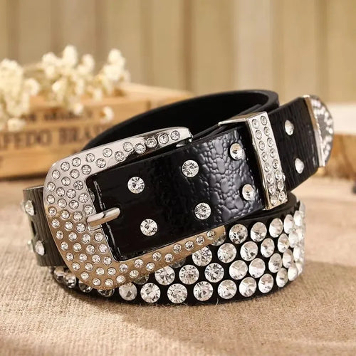 Women’s Leather Rhinestone Belt Fashionable Pin Buckle Design-Belts-Arimonz-Black-100cm/39in-Arimonz