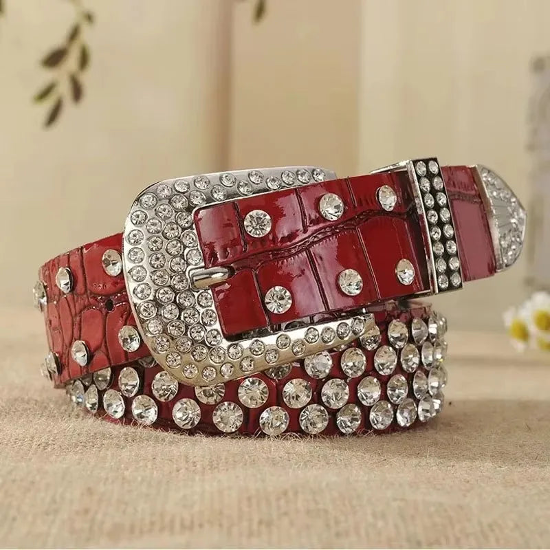 Women’s Leather Rhinestone Belt Fashionable Pin Buckle Design-Belts-Arimonz-Red-100cm/39in-Arimonz
