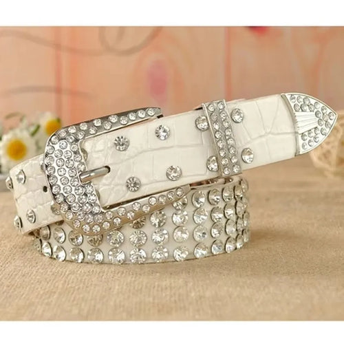 Women’s Leather Rhinestone Belt Fashionable Pin Buckle Design-Belts-Arimonz-White-100cm/39in-Arimonz