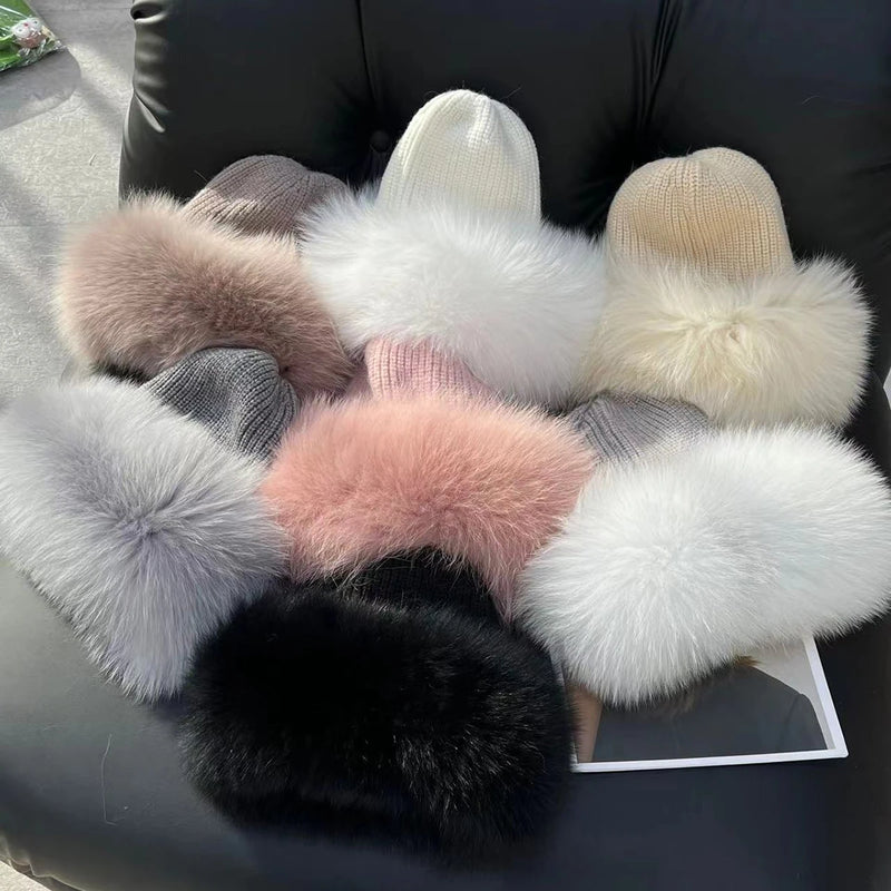 Women’s Natural Fox Fur Fedora Fluffy Warm Winter Knitted Fur Hat-Winter Hats-Arimonz-Arimonz