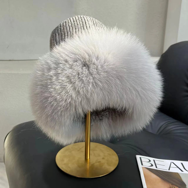 Women’s Natural Fox Fur Fedora Fluffy Warm Winter Knitted Fur Hat-Winter Hats-Arimonz-Arimonz