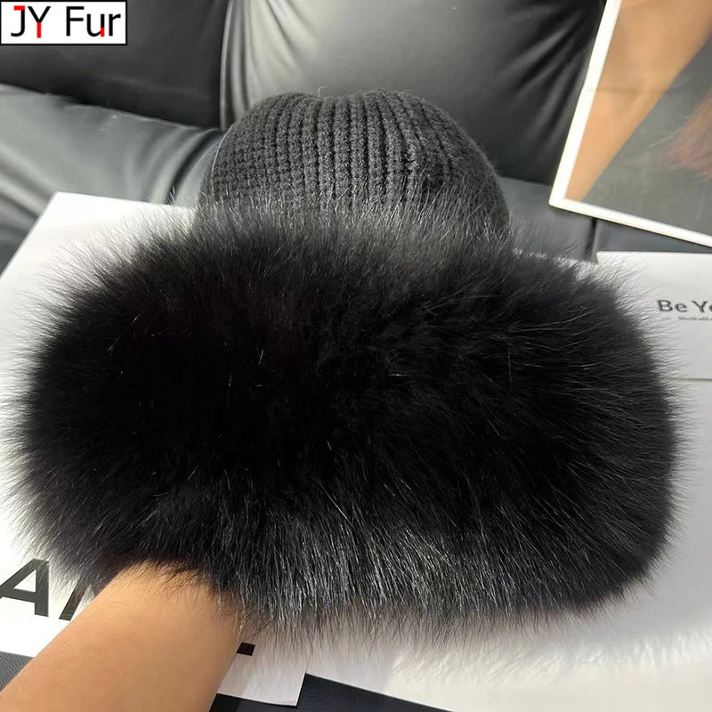 Women’s Natural Fox Fur Fedora Fluffy Warm Winter Knitted Fur Hat-Winter Hats-Arimonz-Arimonz