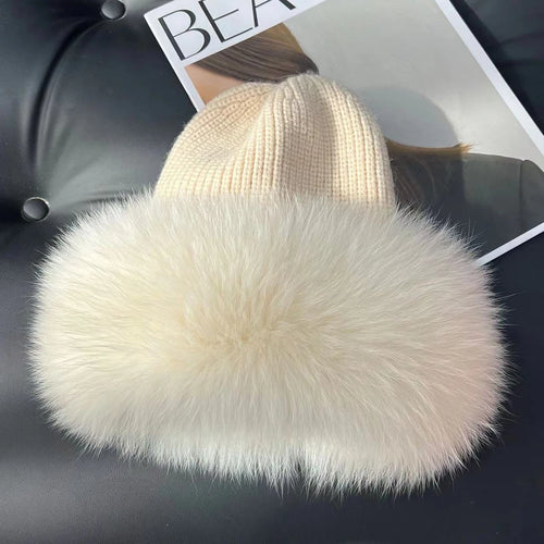 Women’s Natural Fox Fur Fedora Fluffy Warm Winter Knitted Fur Hat-Winter Hats-Arimonz-beige-One Size-Arimonz