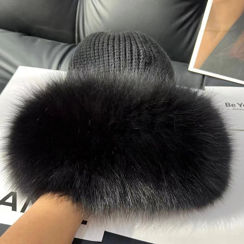 Women’s Natural Fox Fur Fedora Fluffy Warm Winter Knitted Fur Hat-Winter Hats-Arimonz-black-One Size-Arimonz
