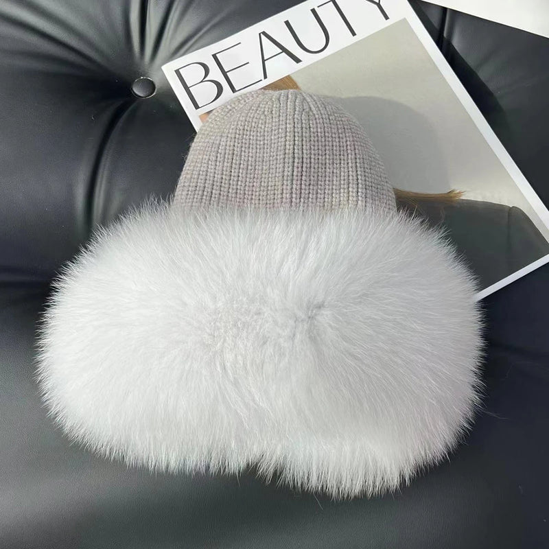 Women’s Natural Fox Fur Fedora Fluffy Warm Winter Knitted Fur Hat-Winter Hats-Arimonz-natural fox white-One Size-Arimonz