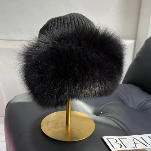 Women’s Natural Fox Fur Fedora Fluffy Warm Winter Knitted Fur Hat-Winter Hats-Arimonz-Arimonz
