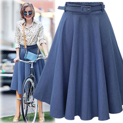 Women's Vintage High Waist A-Line Flared Midi Skirts with Belts-Denim Skirts-Arimonz-Arimonz