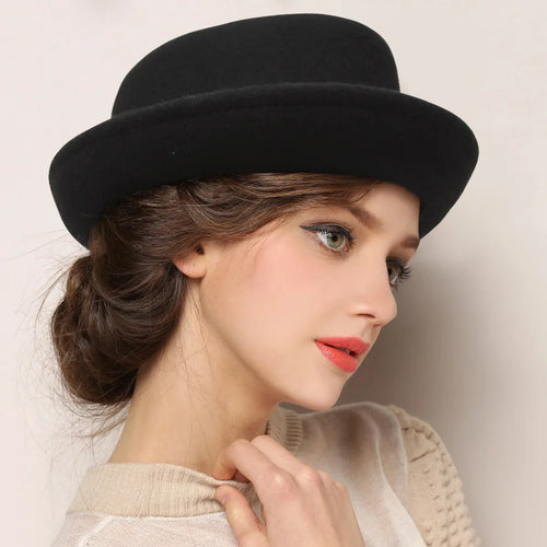 Wool Black Billycock Fedora Hat Elegant Roll Brim Concave Convex Hat-Hats-Arimonz-black-22in-Arimonz