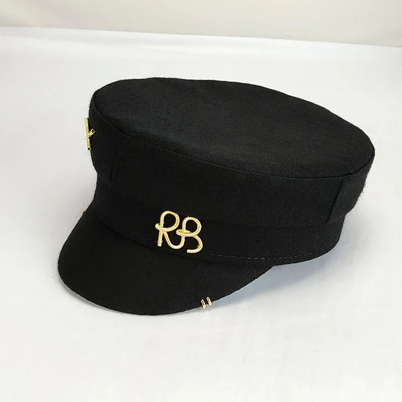 Y2K Newsboy Woolen Cap with Earrings Military Flat Top Style Beret Hat-Women's Caps-Arimonz-Arimonz