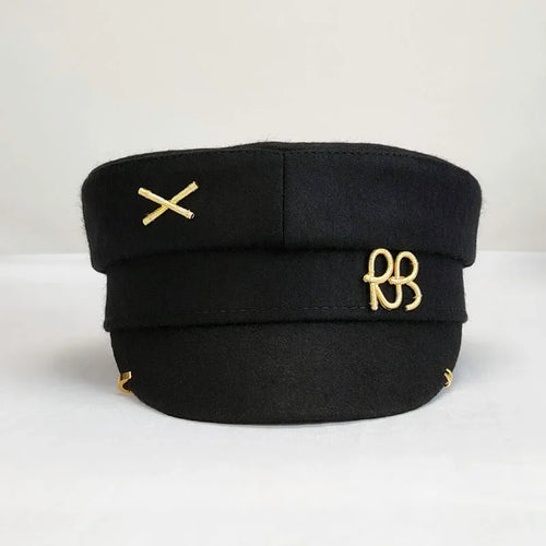 Y2K Newsboy Woolen Cap with Earrings Military Flat Top Style Beret Hat-Women's Caps-Arimonz-Black-One Size-Arimonz