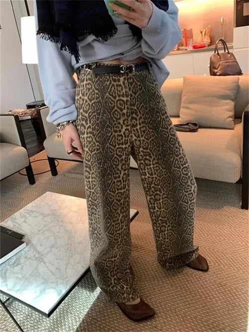 Y2k Spring Autumn Print Leopard Woman Jeans Oversize Wide Leg Pants-Pants-Arimonz-Arimonz