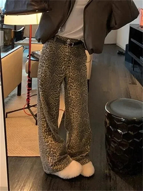 Y2k Spring Autumn Print Leopard Woman Jeans Oversize Wide Leg Pants-Pants-Arimonz-Arimonz