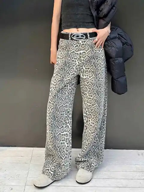 Y2k Vintage Leopard Print Loose Women Jeans Straight High Waist Jeans-Skinny Jeans-Arimonz-Grey-S-Arimonz