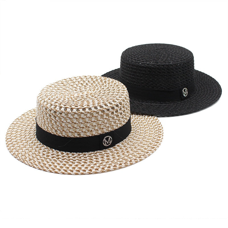 Summer Sun Hat letter M Straw Hat Visor Temperament Flat Panama Hats