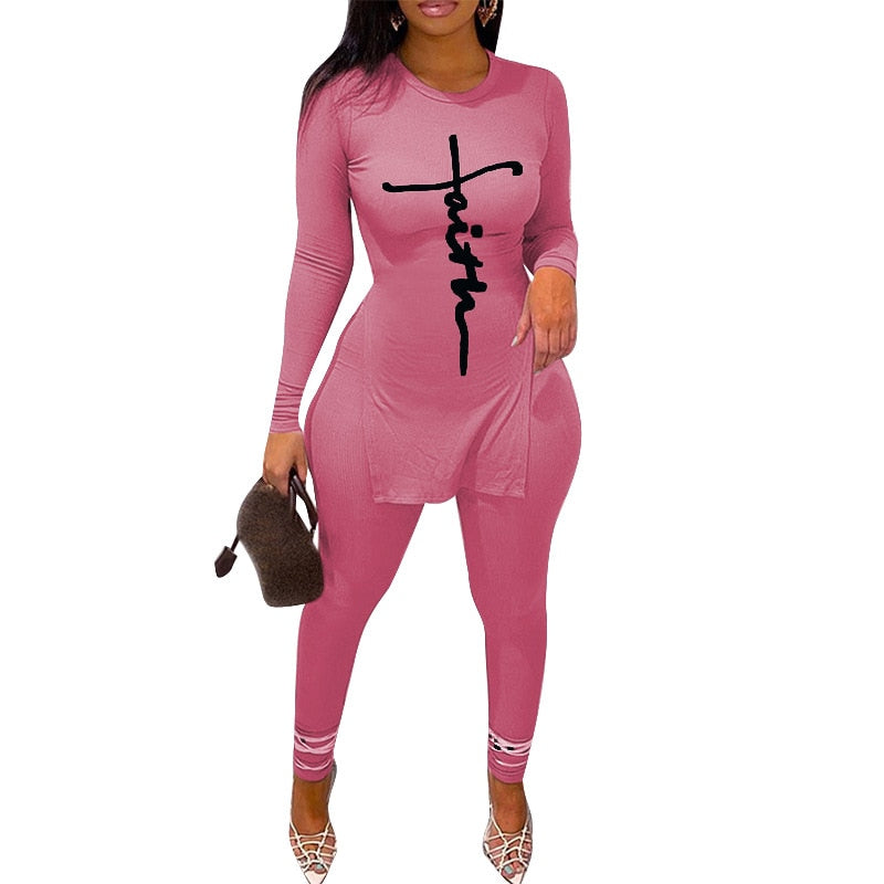 2pcs Round Neck Long Sleeves Side Split Letter Print Lady Tops Pants-Night Out Jumpsuits & Rompers-Arimonz-Arimonz