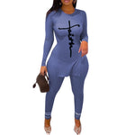 2pcs Round Neck Long Sleeves Side Split Letter Print Lady Tops Pants-Night Out Jumpsuits & Rompers-Arimonz-Blue-S-Arimonz