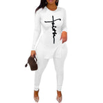 2pcs Round Neck Long Sleeves Side Split Letter Print Lady Tops Pants-Night Out Jumpsuits & Rompers-Arimonz-white-S-Arimonz