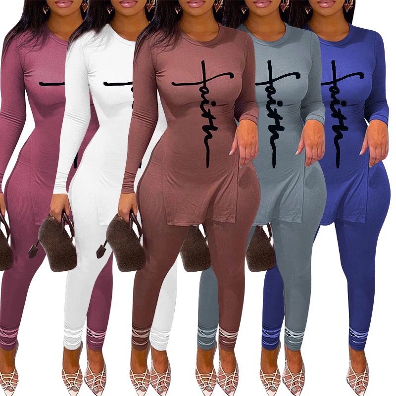 2pcs Round Neck Long Sleeves Side Split Letter Print Lady Tops Pants-Night Out Jumpsuits & Rompers-Arimonz-Arimonz