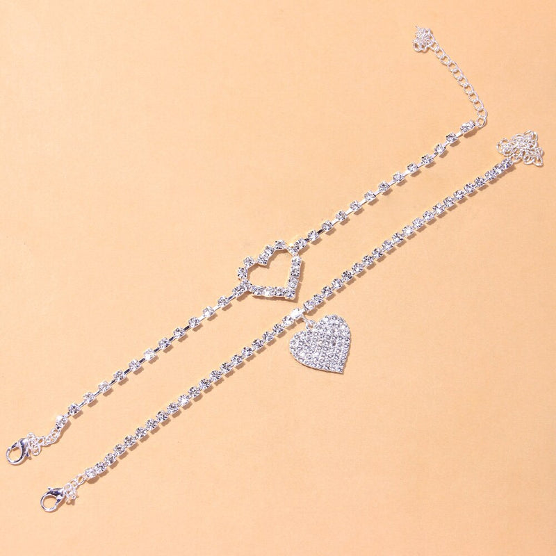 2pcs set Heart Rhinestone Anklets Foot Bracelet Summer Beach Chain-Anklets-Arimonz-Arimonz